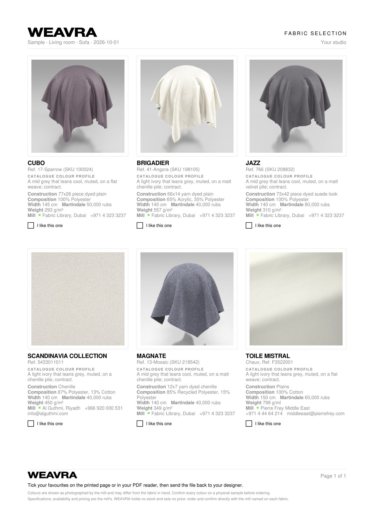 A WEAVRA fabric selection, one A4 page, six fabrics